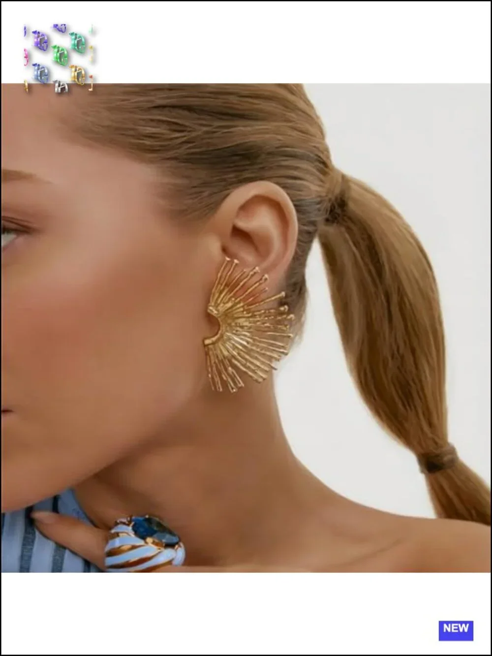 Sunburst Fan-shaped Geometric Ear Stud Earrings 18K Gold Plated Stainless Steel